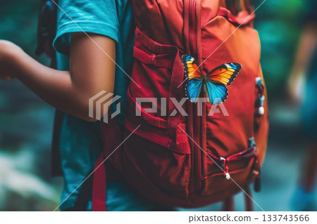 Butterfly on Backpack in Nature Setting: Colorful Adventure Moment 133743566