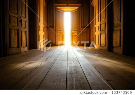Light Streaming Through Open Wooden Doors in Serene Interior Space 133743569