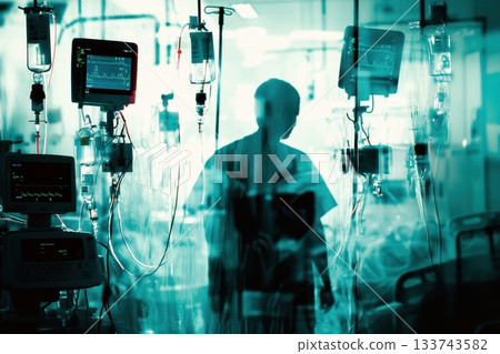 Health Care Worker in Hospital Setting with Medical Equipment Background Health Care Worker in Hospital Setting with Medical Equipment Background 133743582
