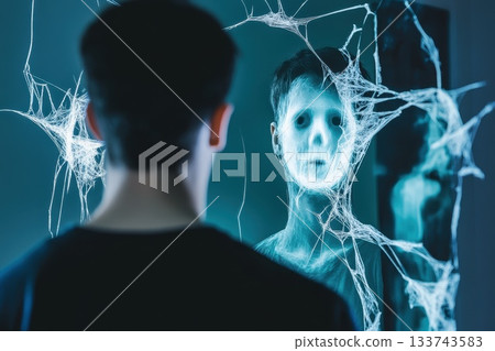 Reflection of Fear in a Haunting Digital Face in Dark Room 133743583