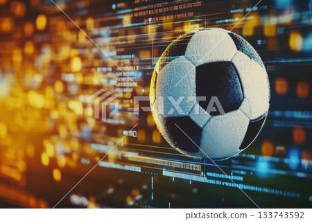 Abstract Soccer Ball Surrounded by Digital Data and Colorful Lights 133743592
