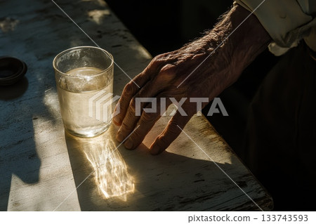 Hand Reaching for Glass of Water with Sunlight Reflection Hand Reaching for Glass of Water with Sunlight Reflection 133743593