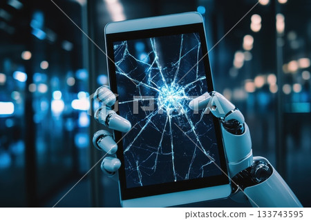 Robotic Hand Holding Tablet with Cracked Screen in Modern Setting Robotic Hand Holding Tablet with Cracked Screen in Modern Setting 133743595