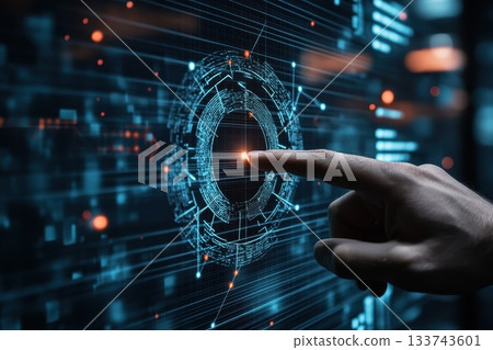 Hand Interacting with Digital Interface in Futuristic Technology Scene Hand Interacting with Digital Interface in Futuristic Technology Scene 133743601