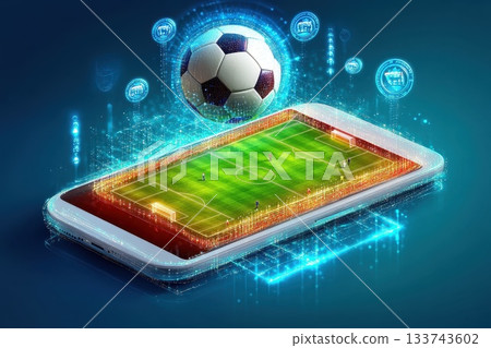 Digital Soccer Game Concept with Smartphone and Futuristic Graphics Digital Soccer Game Concept with Smartphone and Futuristic Graphics 133743602