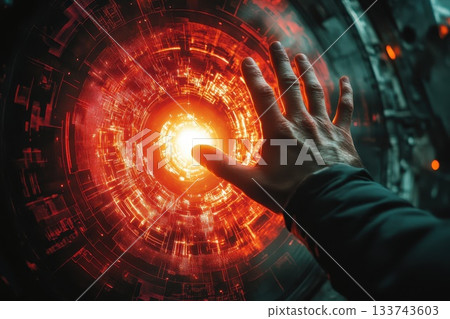 Human Hand Reaching Towards Glowing Orange Abstract Digital Portal Human Hand Reaching Towards Glowing Orange Abstract Digital Portal 133743603