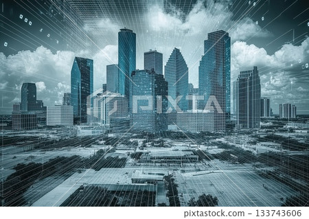 Urban Skyline with Digital Overlay and Clouds in Houston Cityscape 133743606