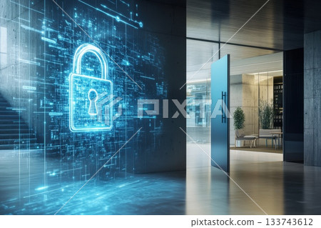 Modern Office Environment with Digital Security Lock Symbol Overlay Modern Office Environment with Digital Security Lock Symbol Overlay 133743612