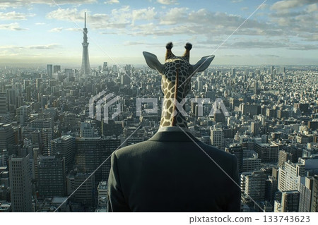 Giraffe in Suit Overlooking Urban Cityscape at Sunset 133743623