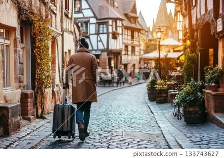 Man Walking with Suitcase in Charming European Village Street 133743627