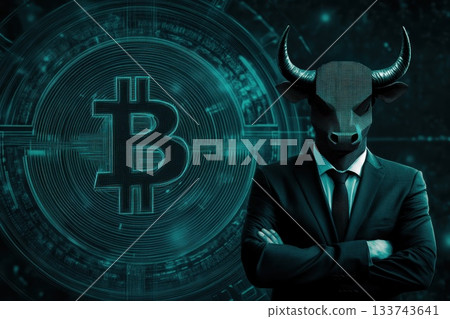 Businessman with Bull Head Mask and Bitcoin Symbol in Digital Background Businessman with Bull Head Mask and Bitcoin Symbol in Digital Background 133743641