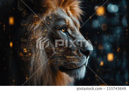 Majestic Lion Overlaid with Digital Patterns and Technology Elements 133743649