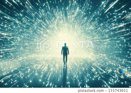 Person Standing in Cosmic Light with Sparkles and Bright Glow Person Standing in Cosmic Light with Sparkles and Bright Glow 133743651
