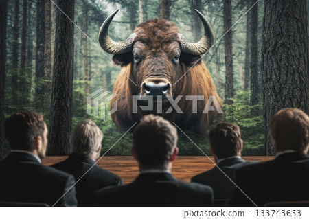 Business Meeting with Bull Image in Forest Setting on Screen 133743653