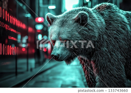 Majestic Bear Walking Through City Street in Futuristic Setting 133743660