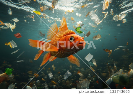 Underwater Scene of Fish Swimming Among Marine Plastic Debris 133743665
