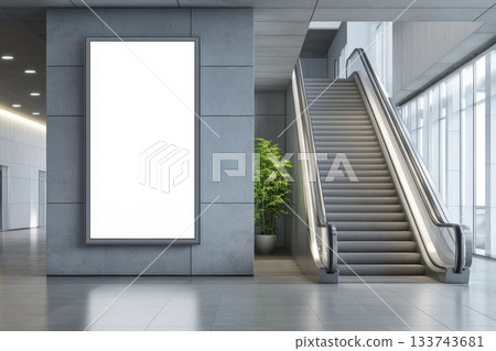 Blank Billboard Mockup in Modern Indoor Space with Escalator 133743681