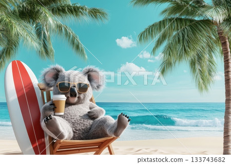 Cool Koala in Sunglasses Relaxing on a Tropical Beach 133743682