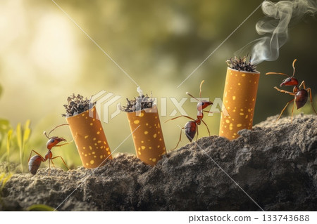 Ants Struggling to Carry Food in a Green Nature Setting Ants Struggling to Carry Food in a Green Nature Setting 133743688