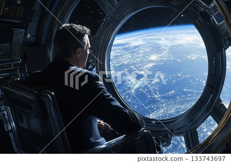Executive Gazing at Vast Star Field from Spacecraft Window 133743697