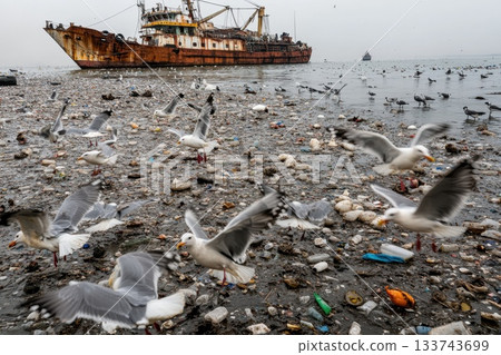 Seagulls Fighting Over Food Scraps Amidst Marine Debris Seagulls Fighting Over Food Scraps Amidst Marine Debris 133743699