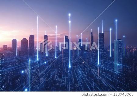 Futuristic Digital Skyline with Flowing Blue Light Beams at Dusk Futuristic Digital Skyline with Flowing Blue Light Beams at Dusk 133743703