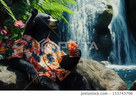 Grizzly Bear Wearing Hawaiian Shirt Relaxing by Waterfall Scene Grizzly Bear Wearing Hawaiian Shirt Relaxing by Waterfall Scene 133743706