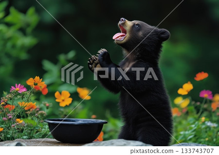 Young Bear Cub Standing Upright with Open Mouth Among Flowers Young Bear Cub Standing Upright with Open Mouth Among Flowers 133743707