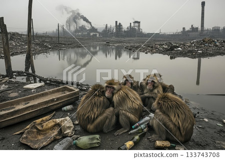 Group of Monkeys Huddles Around Polluted Water in Urban Landscape 133743708