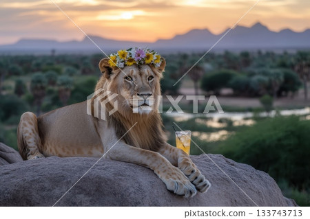 Majestic Lion Wearing Floral Crown Relaxing With Sunset Background Majestic Lion Wearing Floral Crown Relaxing With Sunset Background 133743713