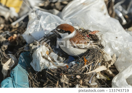 Small Bird Constructs Nest with Plastic Scraps in Urban Environment 133743719