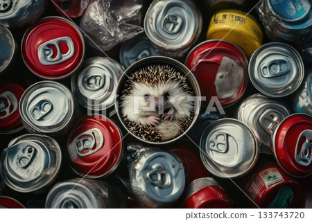 Small Hedgehog Curled Up Inside Discarded Soda Cans in Trash 133743720