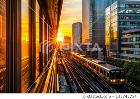 A train is traveling down a track in a city at sunset A train is traveling down a track in a city at sunset 133743754