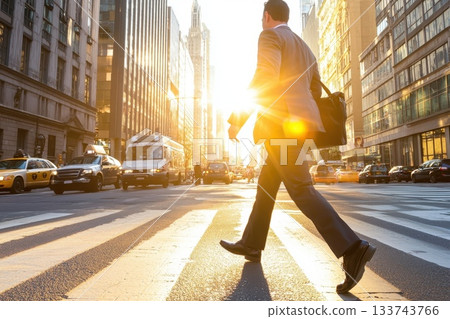 A man walks across a busy city street, carrying a briefcase A man walks across a busy city street, carrying a briefcase 133743766