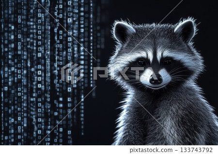 Realistic Raccoon Surrounded by Digital Binary Code Background 133743792