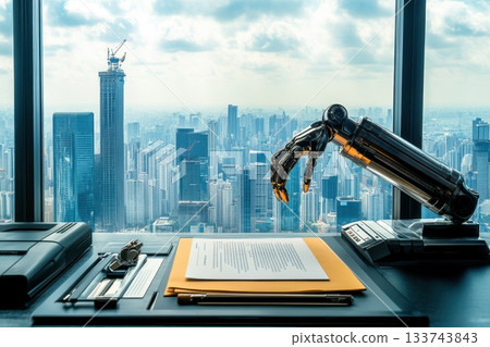 Business Desk with Robotic Hand Organizing Documents in Cityscape Business Desk with Robotic Hand Organizing Documents in Cityscape 133743843