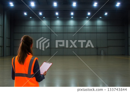 Technician in High Visibility Vest Inspects Empty Warehouse Space 133743844