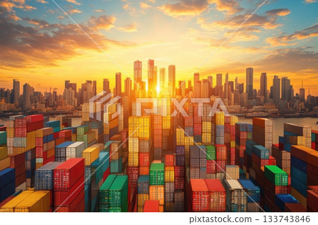 Dramatic Cityscape at Sunset with Skyscrapers and Shipping Containers Dramatic Cityscape at Sunset with Skyscrapers and Shipping Containers 133743846