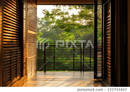 Serene Modern Architectural Scene with Open Balcony and Nature View Serene Modern Architectural Scene with Open Balcony and Nature View 133743847