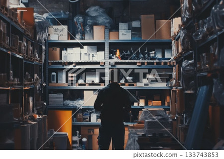 Worker Standing in Front of Organized Metal Shelves in Warehouse 133743853