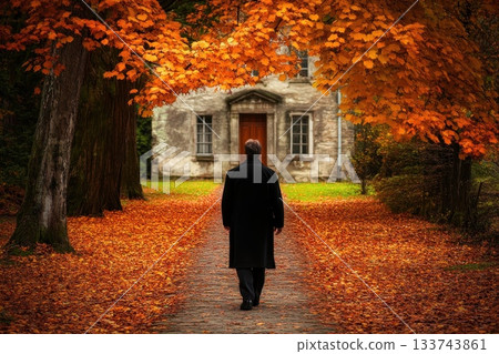 Long Lost Traveler Walking Toward a House Under Autumn Leaves Long Lost Traveler Walking Toward a House Under Autumn Leaves 133743861