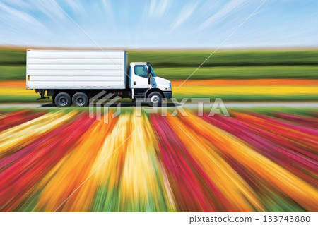 Modern Delivery Truck with Aerodynamic Design in Vibrant Landscape 133743880