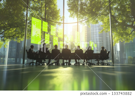 Futuristic Business Meeting in Green Tech Environment with Trees Futuristic Business Meeting in Green Tech Environment with Trees 133743882