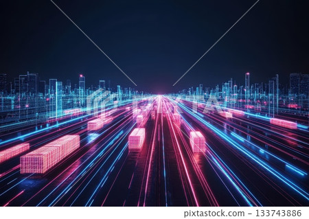 Digital Landscape with Shipping Trucks Moving in Neon Lights Digital Landscape with Shipping Trucks Moving in Neon Lights 133743886