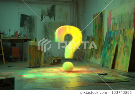 Creative Lab Featuring Glowing Holographic Question Mark in Studio Creative Lab Featuring Glowing Holographic Question Mark in Studio 133743895