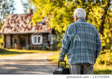 Elderly Man with Black Suitcase Walking Away from Cabin in Nature Elderly Man with Black Suitcase Walking Away from Cabin in Nature 133743904