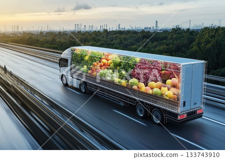 Advanced Autonomous Delivery Truck with Transparent Cargo Display Advanced Autonomous Delivery Truck with Transparent Cargo Display 133743910
