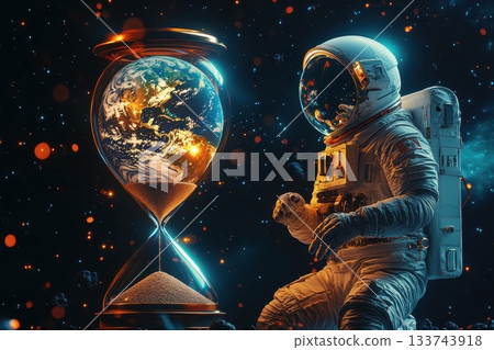 Astronaut Contemplating Time with Hourglass and Earth in Space Astronaut Contemplating Time with Hourglass and Earth in Space 133743918