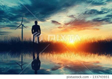 Powerful Executive Silhouette Against Vibrant Sunset and Windmill Powerful Executive Silhouette Against Vibrant Sunset and Windmill 133743931