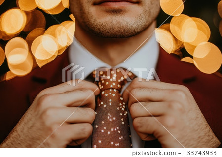 A man is wearing a red suit and tie, and he is adjusting his tie 133743933